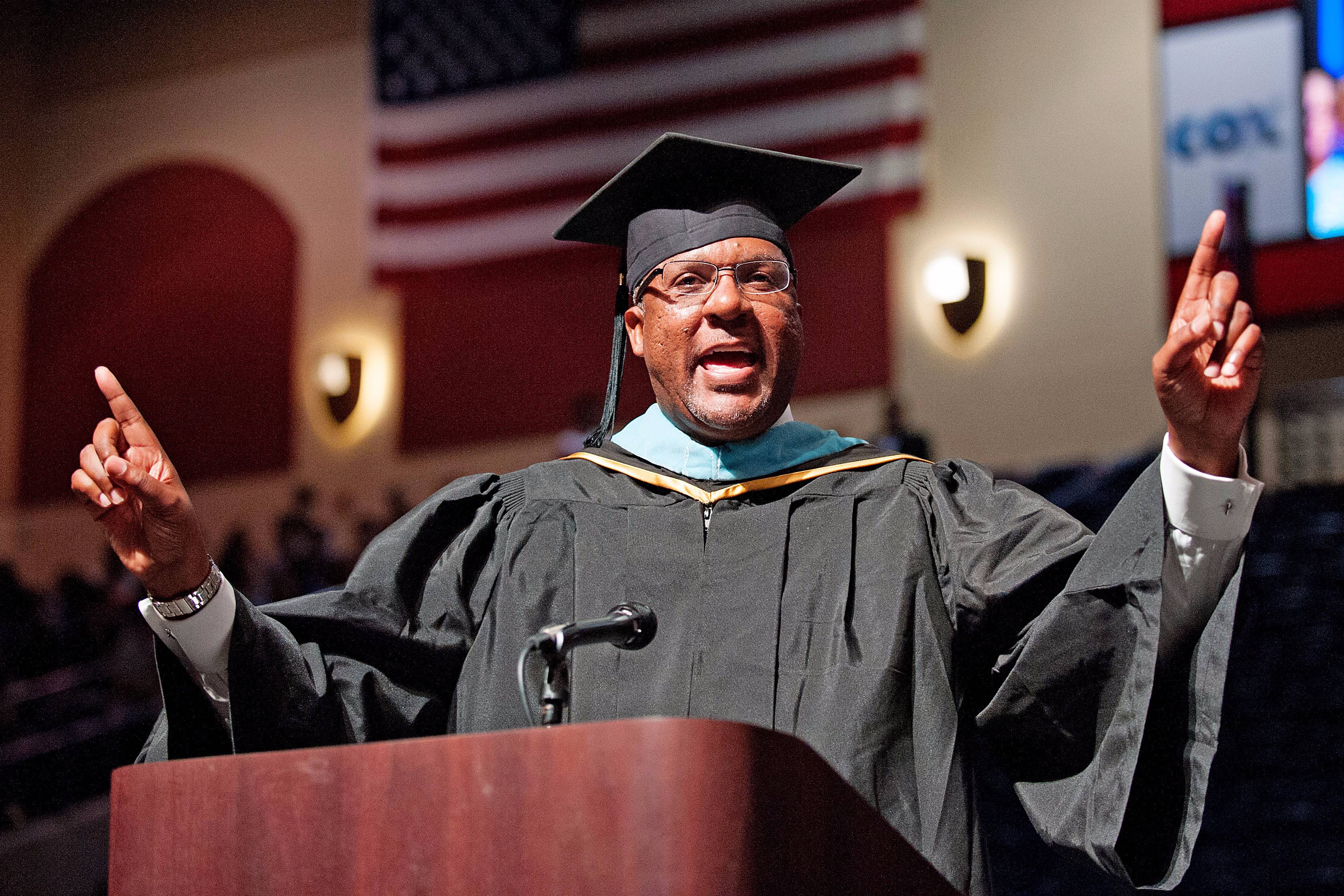 Rory Pullens speaks at the San Diego Mesa College Class of 2016 Commencement Ceremony at the Jenny Craig Pavillion on May 14, 2016.